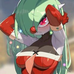 Rule 34 | 1girl, blush, breasts, cleavage, creatures (company), cropped, drunkoak, elbow gloves, game freak, gardevoir, gen 3 pokemon, gloves, green hair, hair ornament, hair over one eye, long hair, looking at viewer, md5 mismatch, medium breasts, mega pokemon, nintendo, pokemon, pokemon (creature), red eyes, red gloves, red nose, resolution mismatch, see-through, see-through cleavage, source larger