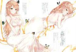 Rule 34 | 1girl, absurdres, ass, bare shoulders, barefoot, braid, breasts, bug, butterfly, cleavage, closed mouth, dress, flower, gomzi, green eyes, hair flower, hair ornament, halterneck, highres, insect, large breasts, light brown hair, long hair, looking at viewer, lying, multiple views, original, ribbon, scan, side braid, sideboob, sitting, smile, solo focus, tears, white dress