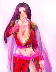 Rule 34 | 1girl, amazon lily, black hair, boa hancock, breasts, cape, cleavage, female focus, highres, jacket, long hair, navel, one piece, red jacket, side slit, skirt, solo