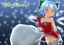 Rule 34 | 1girl, artist name, bare shoulders, black thighhighs, blue background, blue eyes, blue hair, blush, breasts, christmas, cirno, clenched hand, closed mouth, collarbone, cowboy shot, dress, female focus, frilled ribbon, frills, fur-trimmed dress, fur-trimmed gloves, fur trim, gloves, gradient background, green ribbon, hair ribbon, hand up, highres, holding, ice, ice wings, katsura dendou, looking at viewer, matching hair/eyes, merry christmas, panties, pom pom (clothes), red dress, red gloves, ribbon, sack, santa costume, short hair, sidelocks, signature, simple background, skindentation, small breasts, snowing, solo, standing, strapless, strapless dress, thighhighs, touhou, underwear, v-shaped eyebrows, white panties, wings