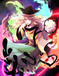 Rule 34 | 1girl, aura, black footwear, black hat, blonde hair, boots, brown hat, cape, chair, constellation, constellation print, detached sleeves, drum, energy, green skirt, hands up, hat, instrument, light, long hair, long skirt, long sleeves, looking at viewer, matara okina, naozi, open mouth, orange sleeves, purple background, shadow, sitting, skirt, smile, solo, sun symbol, tate eboshi, touhou, wide sleeves, yellow eyes