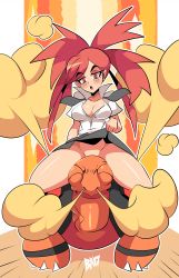 Rule 34 | 1girl, 2017, absurdres, animal, big hair, bigdead, black skirt, blush, breasts, cleavage, clothes lift, collarbone, creatures (company), dated, female focus, flannery (pokemon), full body, game freak, gen 3 pokemon, half-closed eyes, hand up, high collar, highres, large breasts, lifted by self, looking down, nintendo, no bra, no panties, open mouth, pokemon, pokemon (creature), pokemon rse, red eyes, red hair, riding, riding pokemon, sexually suggestive, shiny skin, shirt, short sleeves, simple background, sitting, skirt, skirt lift, solo, spread legs, text focus, torkoal, turtle, uncommon stimulation, watermark, white shirt