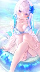 Rule 34 | 1girl, absurdres, bare shoulders, bikini, blue hair, blunt bangs, blush, braid, breasts, cleavage, day, frilled bikini, frills, hair ornament, highres, kisaragi chiyuki, knees together feet apart, lize helesta, long hair, looking at viewer, medium breasts, multicolored hair, nijisanji, off shoulder, outdoors, parted lips, purple eyes, sitting, smile, solo, swimsuit, twin braids, two-tone hair, virtual youtuber, wet, wet clothes, white hair