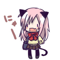 Rule 34 | 10s, animal ears, bag, bow, bowtie, cat (trickster), cat ears, cat tail, chibi, fang, ichimatsu shiro, long hair, pink hair, red bow, red bowtie, ribbon, shoulder bag, simple background, skin fang, skirt, solo, tail, thighhighs, trickster (ntreev soft), vinosh (trickster), white background, zettai ryouiki, | |