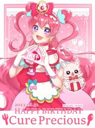 Rule 34 | 1girl, 1other, apron, bow, brooch, character name, choker, cone hair bun, cure precious, dated, delicious party precure, double bun, dress, earrings, gloves, gradient background, hair bow, hair bun, heart, heart brooch, huge bow, jewelry, kome-kome (precure), long hair, looking at viewer, magical girl, medium dress, nagomi yui, open mouth, pink background, pink choker, pink hair, precure, purple eyes, smile, tanshi tanshi, triangle hands, twitter username, two side up, upper body, white gloves