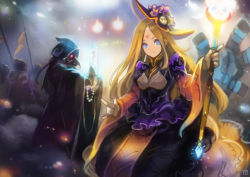 Rule 34 | 1girl, 3others, absurdres, blonde hair, blue eyes, blurry, blurry background, dress, facial mark, forehead mark, gloves, halloween, hat, heart, highres, holding, holding staff, hooded robe, long hair, looking at viewer, mask, multiple others, necromancer, okuto, original, robe, smile, staff, white gloves, wide sleeves
