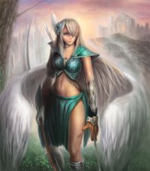 Rule 34 | 1girl, absurdres, arrow (projectile), bad id, bad pixiv id, blonde hair, blue eyes, bow (weapon), breasts, cleavage, gloves, hair over one eye, highres, long hair, medium breasts, midriff, navel, occult soda, original, solo, weapon, wings