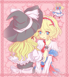 Rule 34 | 2girls, alice margatroid, blonde hair, blue eyes, blush, covering privates, covering face, covering own eyes, doll, dress, female focus, hair ornament, hairband, hairclip, hat, highres, imminent kiss, kirisame marisa, multiple girls, north abyssor, shanghai doll, short hair, star (symbol), touhou, v arms, witch, witch hat, wrist cuffs, yellow eyes, yuri