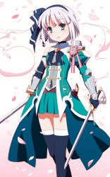 Rule 34 | 1girl, alternate costume, armband, armor, belt, blue eyes, bow, bowtie, cherry blossoms, collar, cowboy shot, detached sleeves, dual wielding, elbow pads, gradient background, hair ribbon, hairband, highres, hitodama, holding, konpaku youmu, konpaku youmu (ghost), long sleeves, looking at viewer, miniskirt, narusemi, parted lips, pauldrons, pink background, ribbon, scabbard, sheath, short hair, shoulder armor, silver hair, skirt, standing, sword, tassel, thighhighs, touhou, unsheathed, weapon, white background, zettai ryouiki