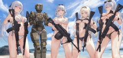 Rule 34 | 1other, 4girls, absurdres, ak-12, ak-12 (girls&#039; frontline), ak-15, ak-15 (girls&#039; frontline), alternate breast size, an-94, an-94 (girls&#039; frontline), aqua eyes, artist name, assault rifle, bandeau, bare arms, bare legs, bare shoulders, beach, bikini, black bikini, blonde hair, blue eyes, blush, braid, breasts, breasts squeezed together, choker, closed mouth, clothed robot, cloud, cloudy sky, collarbone, covered erect nipples, cyclops (girls&#039; frontline), daisy, dated, defy (girls&#039; frontline), drum magazine, dual wielding, extended barrel, eyewear on head, flower, french braid, front-tie bikini top, front-tie top, girls&#039; frontline, gluteal fold, grey hair, groin tendon, gun, hair flower, hair ornament, hairband, halterneck, highres, holding, holding gun, holding weapon, humanoid robot, kalashnikov rifle, large breasts, light machine gun, linea alba, long hair, looking at viewer, looking down, machine gun, machinery, magazine (weapon), marigold, multiple girls, navel, odd one out, outdoors, parted lips, purple eyes, rifle, robot, rpk, rpk-16, rpk-16 (girls&#039; frontline), sawkm, short hair, side-tie bikini bottom, skindentation, sky, smile, standing, string bikini, striped bikini, striped clothes, sunglasses, swimsuit, tally, weapon, wet, white bikini