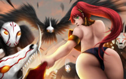Rule 34 | 1girl, armlet, artist request, ass, back, bare back, bare shoulders, blush, cameltoe, from behind, green eyes, grimm (rwby), long hair, looking at viewer, looking back, looking down, panties, ponytail, pyrrha nikos, red hair, rwby, shield, smile, sword, thighhighs, underwear, weapon