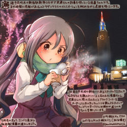 Rule 34 | 1girl, ahoge, aqua bow, aqua bowtie, bow, bowtie, colored pencil (medium), commentary request, dated, dress, green scarf, grey eyes, grey hair, holding, kantai collection, kirisawa juuzou, kiyoshimo (kancolle), long hair, long sleeves, numbered, open mouth, purple dress, scarf, shirt, sleeveless, sleeveless dress, solo, traditional media, translation request, twitter username, white shirt
