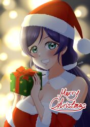 Rule 34 | 1girl, absurdres, aqua eyes, artist name, bare shoulders, breasts, cleavage, highres, looking at viewer, love live!, love live! school idol project, merry christmas, misappi (msp gclove), msp gclove, purple hair, smile, solo, tojo nozomi, twintails