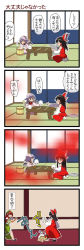 Rule 34 | 4girls, 4koma, black hair, blonde hair, blue hair, blush, bow, bowl, comic, dei shirou, detached sleeves, closed eyes, female focus, flandre scarlet, fog, grey eyes, hair bow, hair tubes, hakurei reimu, hat, highres, hong meiling, lying, multiple girls, ohitsu, on stomach, open mouth, outstretched arm, plate, red eyes, red hair, remilia scarlet, rice, rice bowl, shirt, sitting, skirt, skirt set, star (symbol), stomping, table, tatami, tears, touhou, translation request, wavy mouth, wings