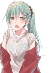 Rule 34 | 1girl, alternate hairstyle, bad id, bad twitter id, blue eyes, blue hair, blush, braid, earrings, hair ornament, hair scrunchie, jacket, jewelry, kantai collection, looking at viewer, messy hair, off shoulder, open mouth, ponytail, red jacket, rinto (rint rnt), scrunchie, shirt, short sleeves, simple background, solo, suzuya (kancolle), sweat, track jacket, upper body, white background, white shirt