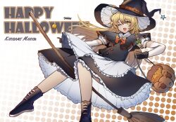 Rule 34 | 1girl, apron, black capelet, black footwear, black gloves, black hat, black skirt, blonde hair, boots, bow, braid, broom, broom riding, capelet, frilled apron, frilled skirt, frills, gloves, hair between eyes, halloween, halloween bucket, happy halloween, hat, highres, kirisame marisa, long hair, one eye closed, open mouth, orange bow, shishui guima, short sleeves, single braid, skirt, smile, solo, touhou, white apron, witch hat, yellow eyes