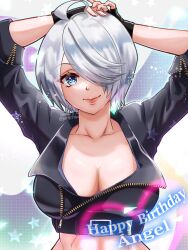 Rule 34 | 1girl, absurdres, angel (kof), arms behind head, birthday, blue eyes, breasts, cleavage, grey hair, hair over one eye, highres, large breasts, looking at viewer, midriff, pink lips, short hair, smile, snk, the king of fighters, toned