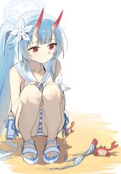 Rule 34 | 1girl, absurdres, bare legs, beach, bikini, blue archive, blue bikini, blush, chise (blue archive), chise (swimsuit) (blue archive), covering breasts, covering privates, crab, crotch, feet, full body, gluteal fold, hair ornament, halo, highres, horns, knees together feet apart, knees up, legs, long hair, multicolored horns, no socks, official alternate costume, red eyes, sandals, side ponytail, sitting, skin-covered horns, solo, striped bikini, striped clothes, swimsuit, syhan, toenails, toes