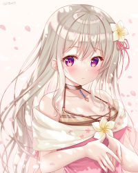 Rule 34 | 1girl, bare shoulders, blush, breasts, brown background, brown hair, cleavage, collarbone, commentary request, dress, flower, hair between eyes, hair flower, hair ornament, hair ribbon, hanakumo rin (vtuber), highres, long hair, looking at viewer, medium breasts, parted lips, petals, pink dress, pink ribbon, propro production, purple eyes, ribbon, signature, sleeveless, sleeveless dress, solo, sousouman, steepled fingers, upper body, very long hair, virtual youtuber, white flower
