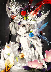 Rule 34 | 1girl, androgynous, animal, bare shoulders, bird, blue rose, expressionless, feathers, flower, grey eyes, grey hair, hair ornament, hair over one eye, hat, hat ribbon, inpells, looking back, orange rose, original, ribbon, rose, short hair, sitting, solo