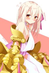 Rule 34 | 1girl, bad id, bad twitter id, blush, claws, cosplay, fate/extra, fate/extra ccc, fate/grand order, fate (series), flat chest, furrowed brow, hair between eyes, illyasviel von einzbern, passion lip (cosplay), passionlip (fate) (cosplay), passionlip (third ascension) (fate), sitting, solo, thighhighs, v-shaped eyebrows, white hair, white thighhighs