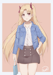Rule 34 | 1girl, absurdres, bag, black skirt, blonde hair, blue jacket, blush, border, collarbone, commentary request, deceit (decit), denim, denim jacket, ereshkigal (fate), fate/grand order, fate (series), grey border, hair ribbon, hand on own hip, handbag, head tilt, highres, holding, holding bag, holding handbag, jacket, long hair, looking at viewer, open mouth, parted bangs, pink background, red eyes, red ribbon, ribbon, shirt, signature, skirt, solo, two side up, very long hair, white shirt
