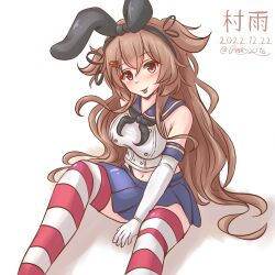 Rule 34 | black neckerchief, black panties, blue skirt, brown eyes, cosplay, crop top, dated, elbow gloves, gloves, gradient hair, hair flaps, hairband, heterochromia, highleg, highleg panties, highres, kantai collection, light brown hair, long hair, microskirt, multicolored hair, murasame (kancolle), murasame kai ni (kancolle), neckerchief, panties, red eyes, riretsuto, sailor collar, shimakaze (kancolle), shimakaze (kancolle) (cosplay), sitting, skirt, striped clothes, striped thighhighs, thighhighs, twintails, two side up, underwear, white background, white gloves