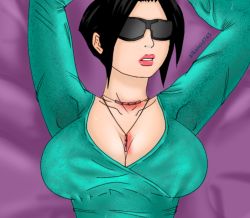 Rule 34 | 1girl, alkanoid743, armpits, arms up, bed, black hair, breasts, dress, facing viewer, female focus, green dress, jewelry, lipstick, makeup, mature female, necklace, necklace jewelry, original, parted lips, short hair, solo, sunglasses, upper body