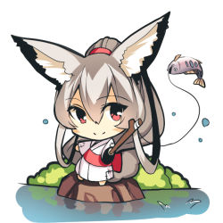Rule 34 | 1girl, absurdly long hair, animal, animal ear fluff, animal ears, barefoot, chibi, closed mouth, commentary request, day, fish, fishing line, fishing rod, fox ears, fox girl, fox tail, full body, grey hair, holding, holding fishing rod, japanese clothes, kimono, long hair, long sleeves, obi, original, outdoors, patch, ponytail, sash, smile, solo, splashing, standing, tail, very long hair, water, white background, white kimono, wide sleeves, yuuji (yukimimi)