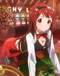 Rule 34 | 10s, 1girl, blush, breasts, brown eyes, brown hair, casino, cleavage, fishnet pantyhose, fishnets, hairband, idolmaster, idolmaster million live!, jewelry, lens flare, long hair, looking at viewer, necklace, official art, pantyhose, roulette table, skirt, slot machine, smile, table, tanaka kotoha