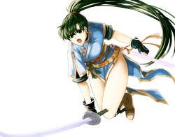 Rule 34 | 1girl, boots, breasts, brown footwear, clenched hands, delsaber, dress, fingerless gloves, fire emblem, fire emblem: the blazing blade, gloves, green eyes, green hair, jumping, katana, knee boots, long hair, lyn (fire emblem), medium breasts, nintendo, open mouth, pelvic curtain, ponytail, sash, scabbard, sheath, short sleeves, side slit, simple background, solo, sword, thighs, weapon, white background