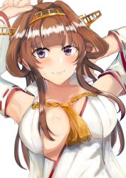 Rule 34 | 1girl, ahoge, armpits, arms up, bad id, bad twitter id, blush, breasts, brown hair, cleavage, covered erect nipples, detached sleeves, double bun, hair bun, headgear, highres, kantai collection, kongou (kancolle), kongou kai ni (kancolle), large breasts, long hair, looking at viewer, miyako (rgrayt), nontraditional miko, open clothes, open shirt, purple eyes, simple background, smile, solo, upper body, white background
