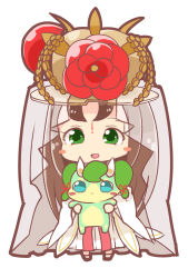 Rule 34 | 1girl, :d, blush stickers, bridal veil, brown hair, chibi, facial mark, flower, forehead mark, green eyes, hat, highres, holding, japanese clothes, kushinada (p&amp;d), long hair, open mouth, pikomarie, puzzle &amp; dragons, simple background, smile, solo, veil, white background