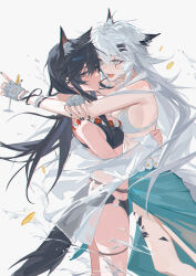 2girls absurdres animal_ear_fluff animal_ear_piercing animal_ears arknights bikini black_bikini black_hair black_nails commentary cup ear_piercing fang fingerless_gloves food gloves hair_ornament hairclip highres holding holding_cup hug lappland_(arknights) long_hair material_growth meng_ziya multiple_girls nail_polish open_mouth orange_eyes oripathy_lesion_(arknights) piercing pocky pocky_kiss revision scar scar_across_eye scar_on_face shared_food skindentation swimsuit symbol-only_commentary tail texas_(arknights) thigh_strap white_background white_bikini white_eyes white_gloves white_hair wolf_ears wolf_girl wolf_tail yuri