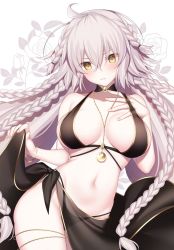 Rule 34 | 1girl, ahoge, bare arms, bare shoulders, between breasts, bikini, black bikini, braid, breasts, cleavage, collarbone, fate/grand order, fate (series), frown, hair between eyes, highres, jeanne d&#039;arc alter (swimsuit berserker) (fate), jeanne d&#039;arc (fate), jeanne d&#039;arc alter (fate), jeanne d&#039;arc alter (festival outfit) (fate), jewelry, large breasts, long hair, looking at viewer, miko (royal milk), multiple braids, navel, necklace, official alternate costume, quad braids, sarong, silver hair, solo, standing, stomach, swimsuit, very long hair, yellow eyes