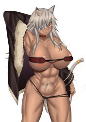 Rule 34 | 1girl, abs, absurdres, animal ears, areola slip, arm behind head, armpits, bandeau, bare legs, bare shoulders, breasts, choker, cleavage, collarbone, covered erect nipples, crossed bangs, dark-skinned female, dark skin, eyepatch, facial scar, fur-trimmed jacket, fur trim, ghislaine dedoldia, grey hair, hair between eyes, highres, huge breasts, jacket, long hair, looking at viewer, muscular, muscular female, mushoku tensei, navel, obliques, off shoulder, panties, panty pull, parted lips, pulling own clothes, red bandeau, red choker, red eyes, scar, scar on cheek, scar on face, scar on stomach, skindentation, solo, stomach, tail, tail ornament, tail ring, thighs, underboob, underwear, zinfian