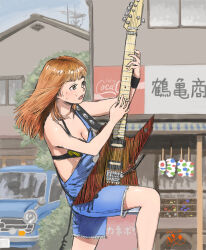 Rule 34 | 1girl, 2021, banner, black bra, blue car, bra, coca-cola, commentary request, czow, denim, denim shorts, electric guitar, food stand, guitar, guitar girl, highres, holding, holding guitar, holding instrument, instrument, long hair, looking at object, music, open mouth, orange hair, original, outdoors, playing guitar, playing instrument, retro artstyle, satellite dish, shorts, sweat, translation request, underwear