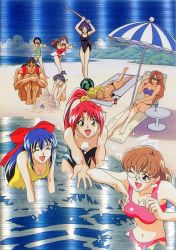 Rule 34 | 1990s (style), 1boy, 6+girls, barefoot, beach, beach chair, beach umbrella, bikini, black hair, black one-piece swimsuit, blindfold, blonde hair, blue hair, breasts, brown hair, casual one-piece swimsuit, cleavage, closed eyes, day, doki doki pretty league, food, fruit, knees up, long hair, lying, multiple girls, muscular, muscular male, navel, non-web source, official art, on stomach, one-piece swimsuit, open mouth, orange hair, outdoors, pink bikini, purple hair, reclining, red hair, red one-piece swimsuit, retro artstyle, running, sand castle, sand sculpture, scan, short hair, sitting, splashing, standing, strapless, strapless bikini, striped clothes, striped one-piece swimsuit, sunglasses, swimsuit, table, umbrella, wading, water, watermelon, wince, yellow one-piece swimsuit