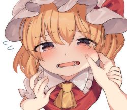 Rule 34 | 1girl, ascot, bad id, bad pixiv id, blonde hair, blush, cheek pinching, crying, flandre scarlet, flying sweatdrops, from above, hat, mob cap, open mouth, pinching, pov, pov hands, simple background, solo focus, takaaaaaaaaaaaa, tearing up, tears, touhou, white background, white headwear