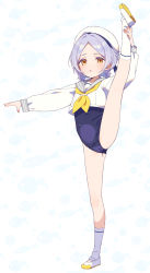 Rule 34 | 1girl, blue one-piece swimsuit, commentary request, full body, grey sailor collar, hat, highres, long sleeves, looking at viewer, maare (moyori), moyori, neckerchief, no pants, one-piece swimsuit, original, purple hair, sailor collar, sailor hat, school swimsuit, school uniform, serafuku, shoes, short hair, simple background, socks, solo, split, standing, standing on one leg, standing split, swimsuit, swimsuit under clothes, tampon string, uwabaki, white background, white hat, white socks, yellow eyes, yellow neckerchief