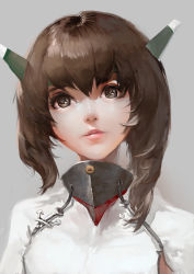 Rule 34 | 10s, 1girl, black eyes, blackrabbitsoul, brown hair, close-up, flat chest, hair between eyes, headband, headgear, highres, kantai collection, lips, looking at viewer, open mouth, parted lips, short hair, simple background, smile, solo, taihou (kancolle), upper body