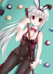 Rule 34 | 1girl, :p, animal ears, ball, between breasts, billiard ball, billiards, bow, bowtie, breasts, cleavage, cue stick, dracu-riot!, elena olegovna owen, fake animal ears, highres, ikeda yuuki, leotard, md5 mismatch, pantyhose, playboy bunny, pool table, rabbit ears, red eyes, silver hair, solo, stick, table, tongue, tongue out, wrist cuffs