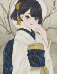 Rule 34 | 1girl, absurdres, black hair, blue eyes, blue sash, bow, commentary, eyeshadow, full moon, hair bow, hand on own face, hand up, highres, japanese clothes, kimono, long sleeves, looking at viewer, makeup, moon, nail polish, obi, obiage, original, outdoors, personification, ponytail, print sash, red eyeshadow, sash, seal impression, sepia background, signature, solo, standing, tree, upper body, ushiyama ame, white kimono, yellow bow, yellow nails