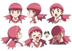 Rule 34 | 1girl, backwards hat, baseball cap, blush, buttons, character sheet, collarbone, creatures (company), crying, ethan (pokemon), eyelashes, game freak, hair ornament, hairclip, hat, highres, inset, jacket, long hair, looking at another, looking at viewer, low twintails, multiple views, nintendo, one eye closed, pink eyes, pink hair, pokemon, pokemon hgss, simple background, teeth, twintails, upper body, upper teeth only, white background, white jacket, whitney (pokemon), yoshi (moco1)