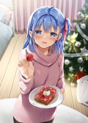 Rule 34 | 1girl, :d, bed, black pantyhose, blue eyes, blue hair, blurry, blurry background, blush, bread, christmas ornaments, christmas tree, commentary request, curtains, depth of field, food, fruit, fur-trimmed headwear, fur trim, hair between eyes, hair ribbon, hat, holding, holding food, indoors, long hair, looking at viewer, natsume eri, one side up, open mouth, original, pantyhose, pillow, pink sweater, plate, red hat, red ribbon, ribbed sweater, ribbon, santa hat, smile, solo, strawberry, sweater, turtleneck, turtleneck sweater, wooden floor