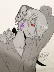 Rule 34 | 1boy, arm above head, breast pocket, closed mouth, collared shirt, doll, doll on shoulder, earrings, gem, glowing, glowing eye, greyscale, hair behind ear, hair over one eye, tucking hair, hand on own head, head tilt, highres, jewelry, long sleeves, looking at viewer, male focus, mochizuki jun, monochrome, open collar, pandora hearts, pink gemstone, pocket, purple gemstone, red eyes, shirt, short hair, signature, simple background, smile, solo, spot color, upper body, white background, xerxes break