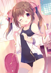 Rule 34 | 1girl, ;d, backpack, bag, bare shoulders, blue one-piece swimsuit, blush, bow, breasts, brown hair, calendar (object), chair, curtains, day, fingernails, hair between eyes, hair bow, hair ornament, hairclip, highres, indoors, long hair, off shoulder, old school swimsuit, one-piece swimsuit, one eye closed, open mouth, original, pink bow, pleated skirt, puffy short sleeves, puffy sleeves, purple eyes, randoseru, school swimsuit, school uniform, serafuku, shiratama (shiratamaco), shirt, short sleeves, sidelocks, skirt, unworn skirt, small breasts, smile, solo, striped, striped bow, sunlight, swimsuit, swimsuit under clothes, thighhighs, twintails, white bow, white shirt, white skirt, white thighhighs