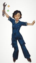 Rule 34 | 1girl, :d, black hair, blue overalls, closed eyes, copyright request, facing viewer, full body, highres, holding, holding wrench, mossacannibalis, open mouth, outstretched arms, overalls, short hair, short sleeves, simple background, smile, solo, spread arms, stained clothes, white background, wrench