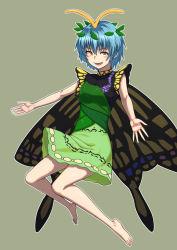 Rule 34 | 1girl, antennae, aqua hair, barefoot, beige background, blush, butterfly wings, dress, eternity larva, fairy, full body, green dress, hair between eyes, highres, insect wings, kakone, leaf, leaf on head, multicolored clothes, multicolored dress, open mouth, orange eyes, short hair, short sleeves, simple background, smile, solo, touhou, wings