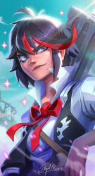 Rule 34 | 1girl, absurdres, angelmoonlight, antenna hair, artist name, black hair, blue eyes, breasts, closed mouth, grey jacket, hair between eyes, highres, jacket, kill la kill, matoi ryuuko, multicolored hair, neck ribbon, open clothes, open jacket, outdoors, red ribbon, ribbon, shirt, short hair, smile, solo, sparkle, two-tone hair, upper body, white shirt